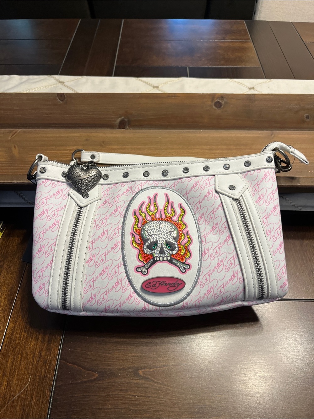 Ed Hardy White & Pink Rhinestone Skull Flame Wristlet